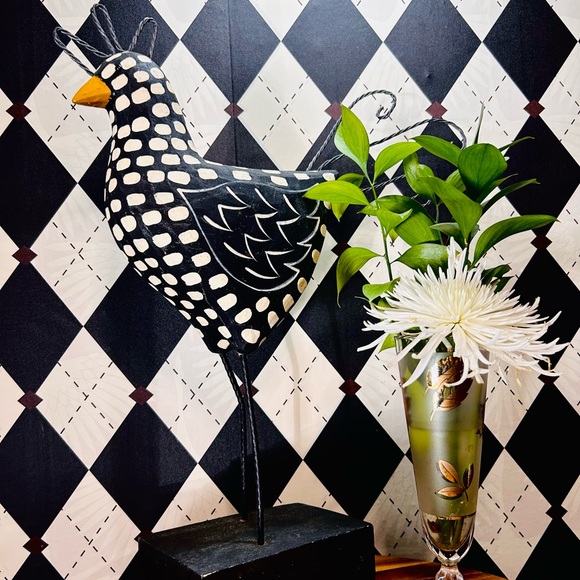Tall Hand-Carved Wooden Polka Dot Chicken Sculpture Folk Art Whimsy Modern Flair - Picture 7 of 12